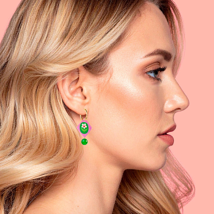 Floral Charm Bead Earrings in Pink