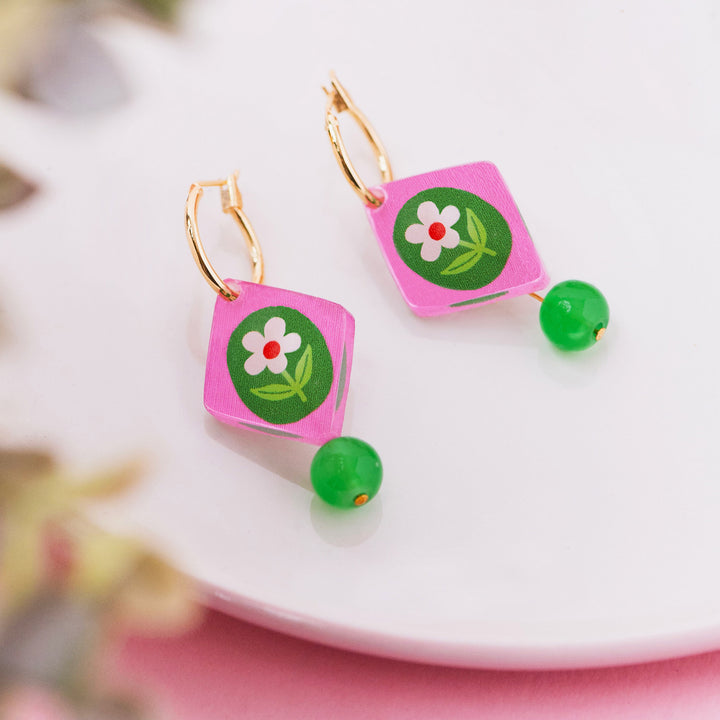 Floral Charm Bead Earrings in Pink