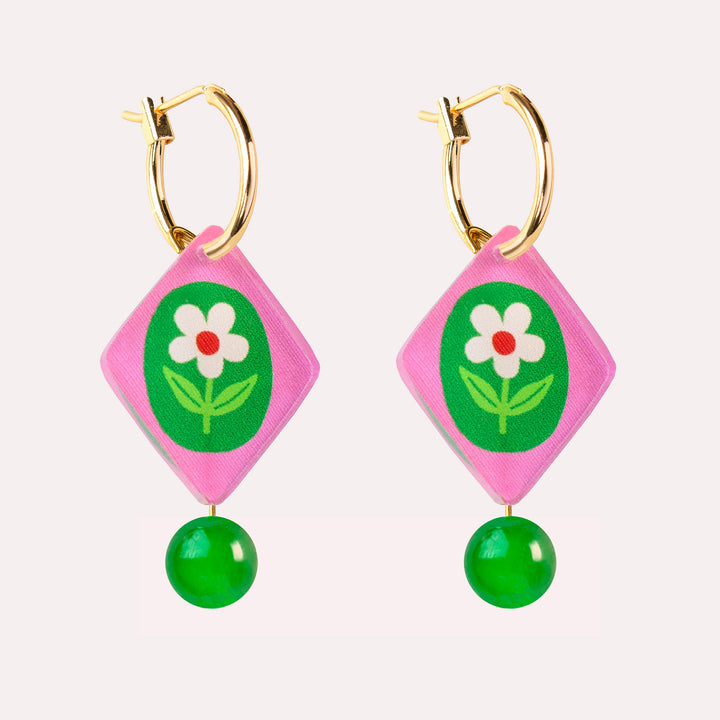 Floral Charm Bead Earrings in Pink
