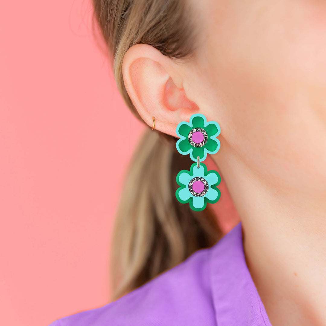 Double Flower Earrings - Green