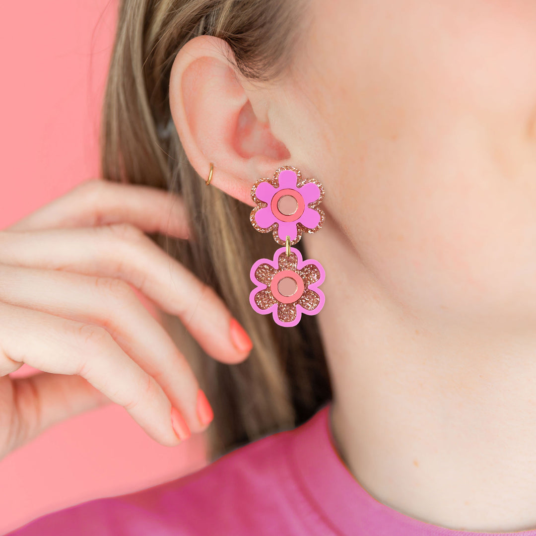 Double Flower Earrings - Purple