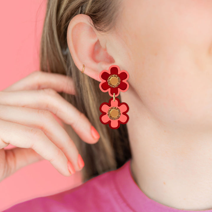 Double Flower Earrings - Red
