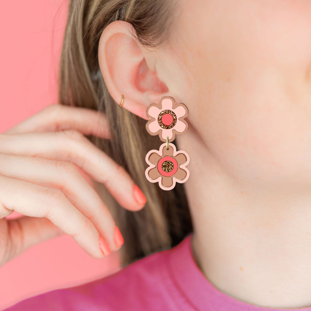 Double Flower Earrings - Rose Gold