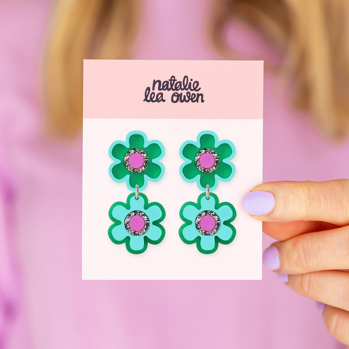 Double Flower Earrings - Green