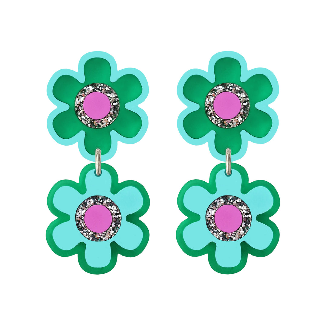 Double Flower Earrings - Green