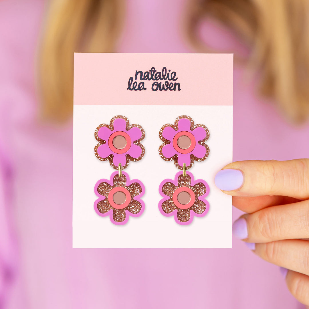 Double Flower Earrings - Purple