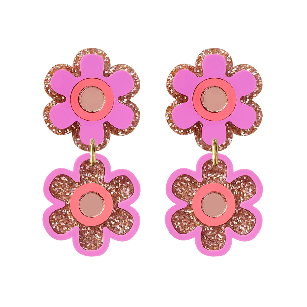 Double Flower Earrings - Purple
