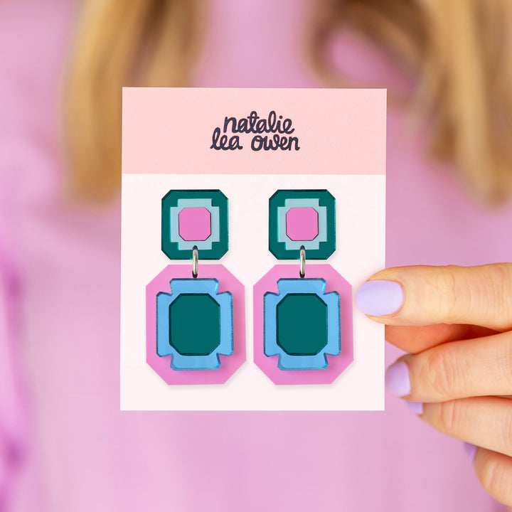 Double Gem Drop Earrings - Teal