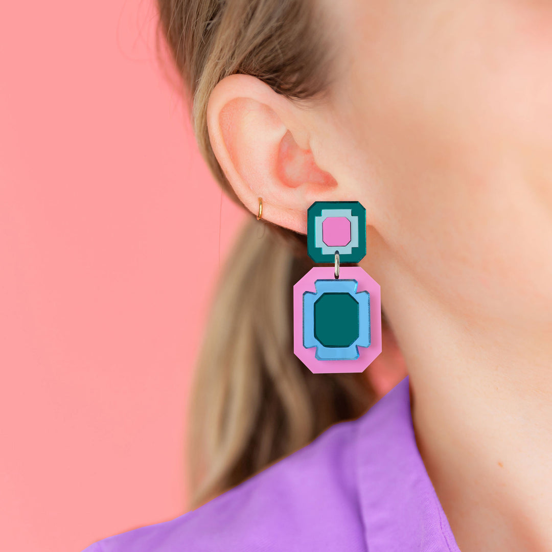 Double Gem Drop Earrings - Teal