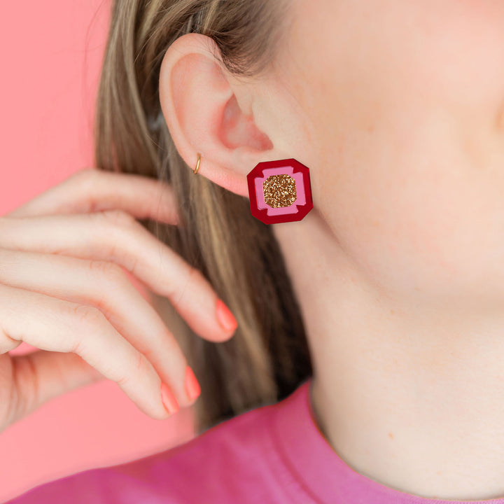 Gem Stud Earrings - Red