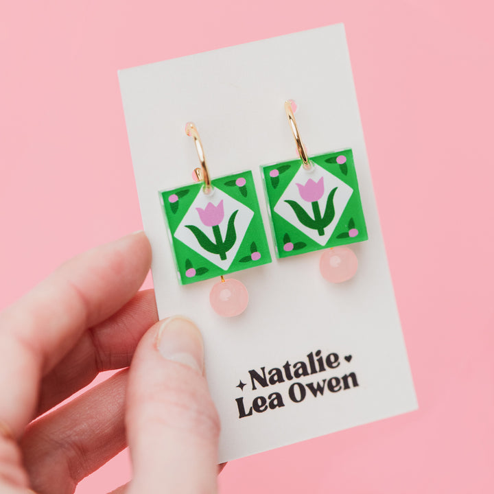 Charm Earrings in Folk Floral Green