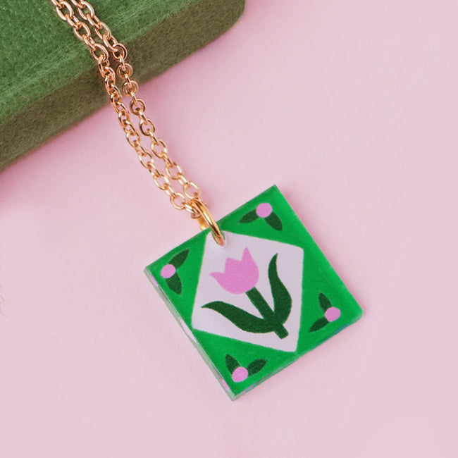 Floral Charm Square Pendant Necklace - Green