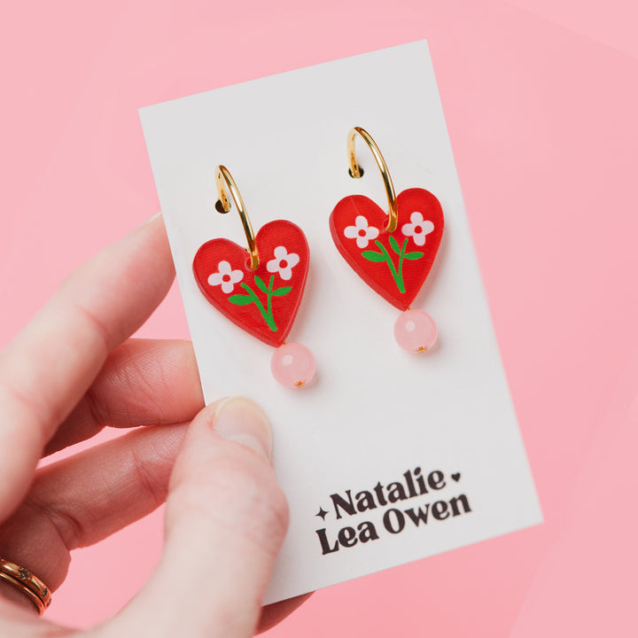 Heart Hoop Dangle Earrings - Red