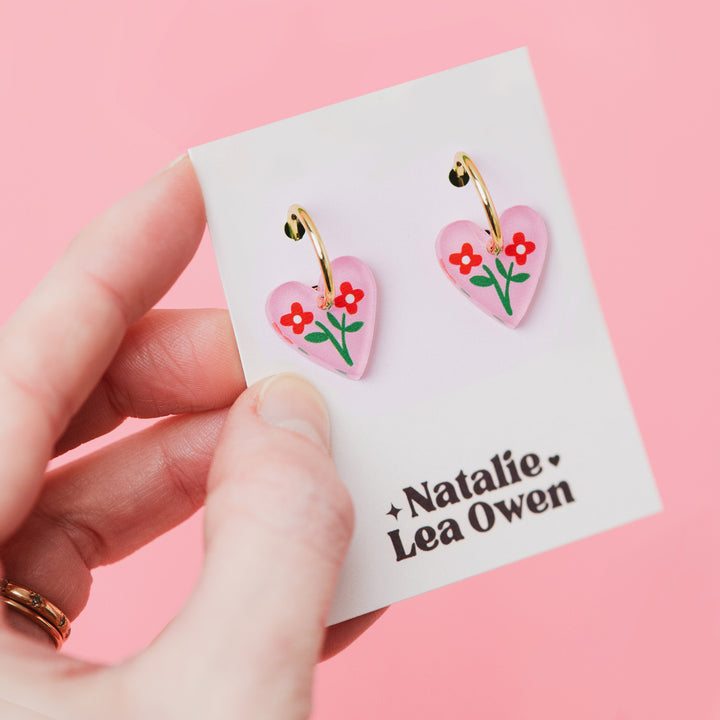 Mini Heart Hoop Earrings - Pink