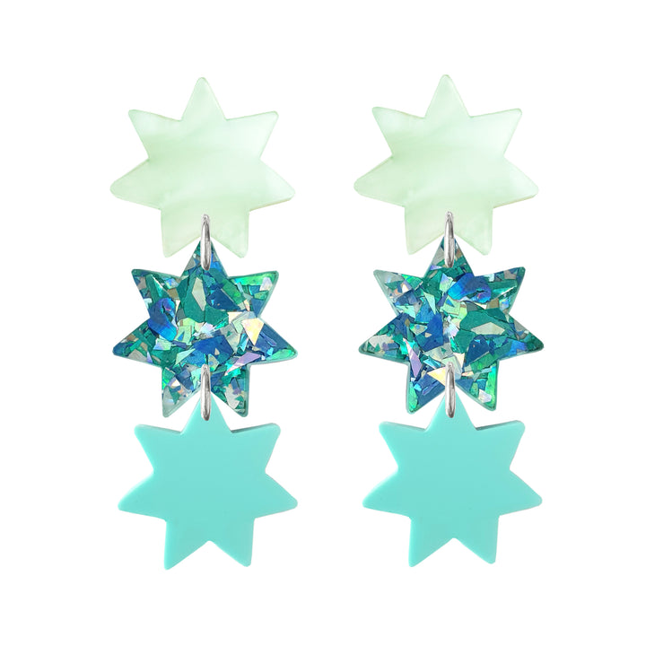 Triple Star Dangle Earrings in Light Blue Sparkle