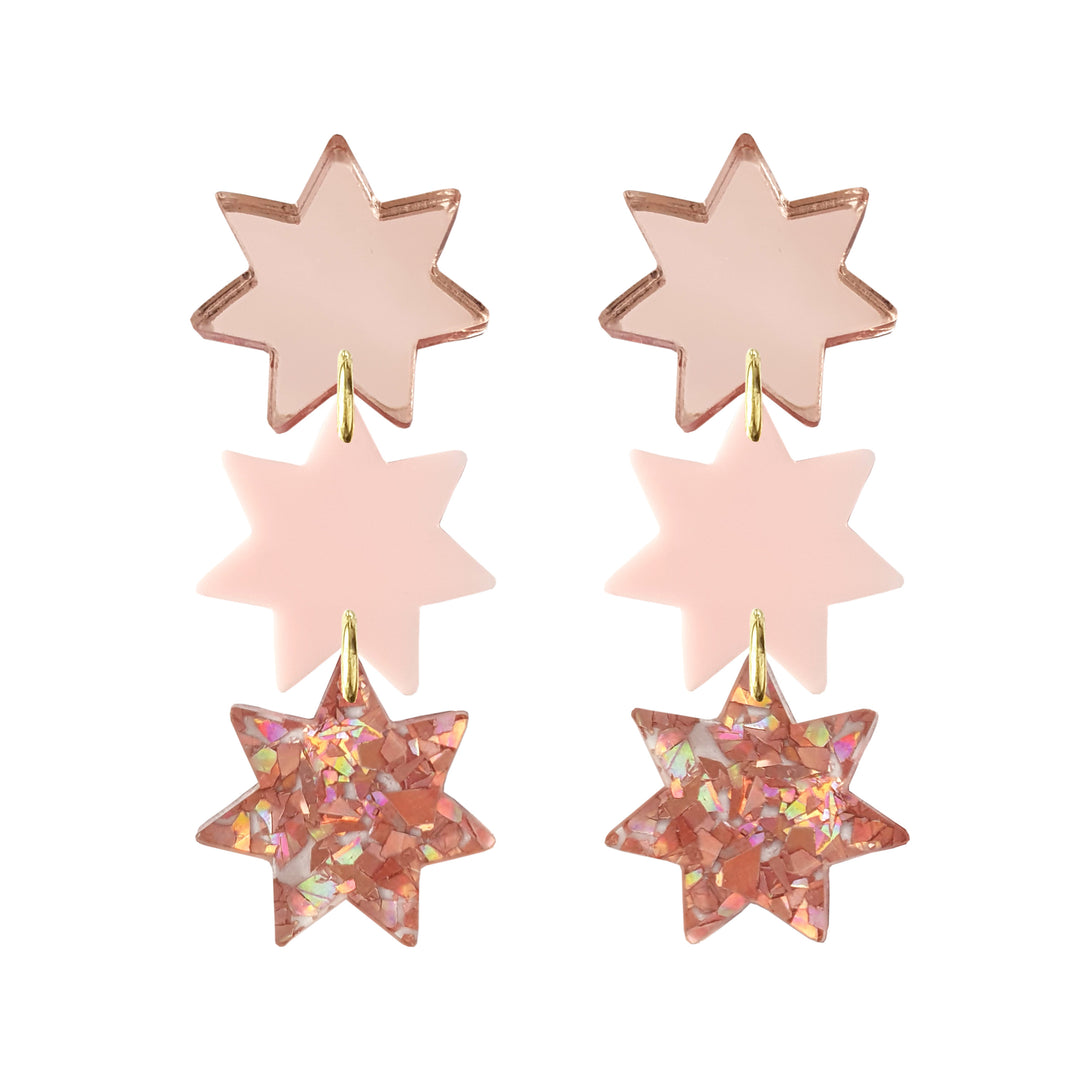 Triple Star Dangle Earrings in Light Pink