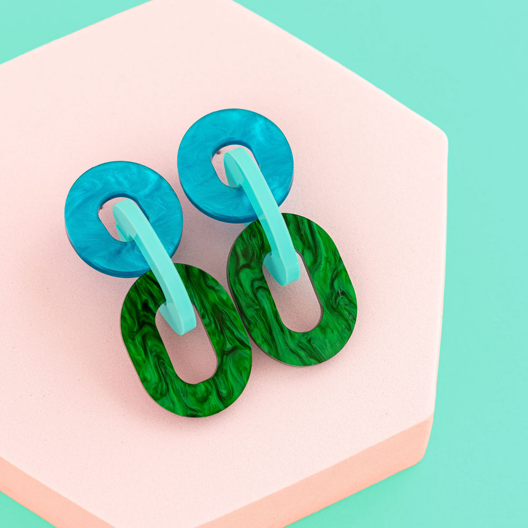 Statement Link Earrings - Blue Green