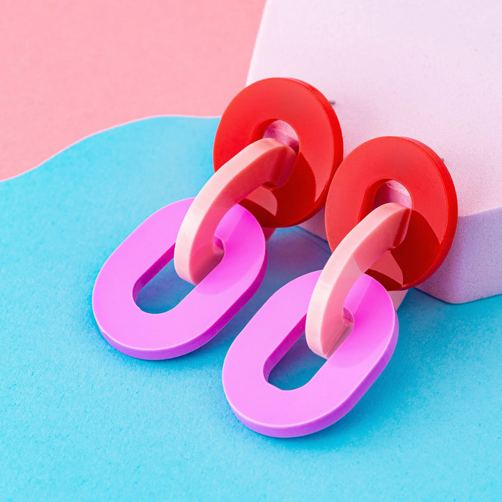Statement Link Earrings - Red Pink