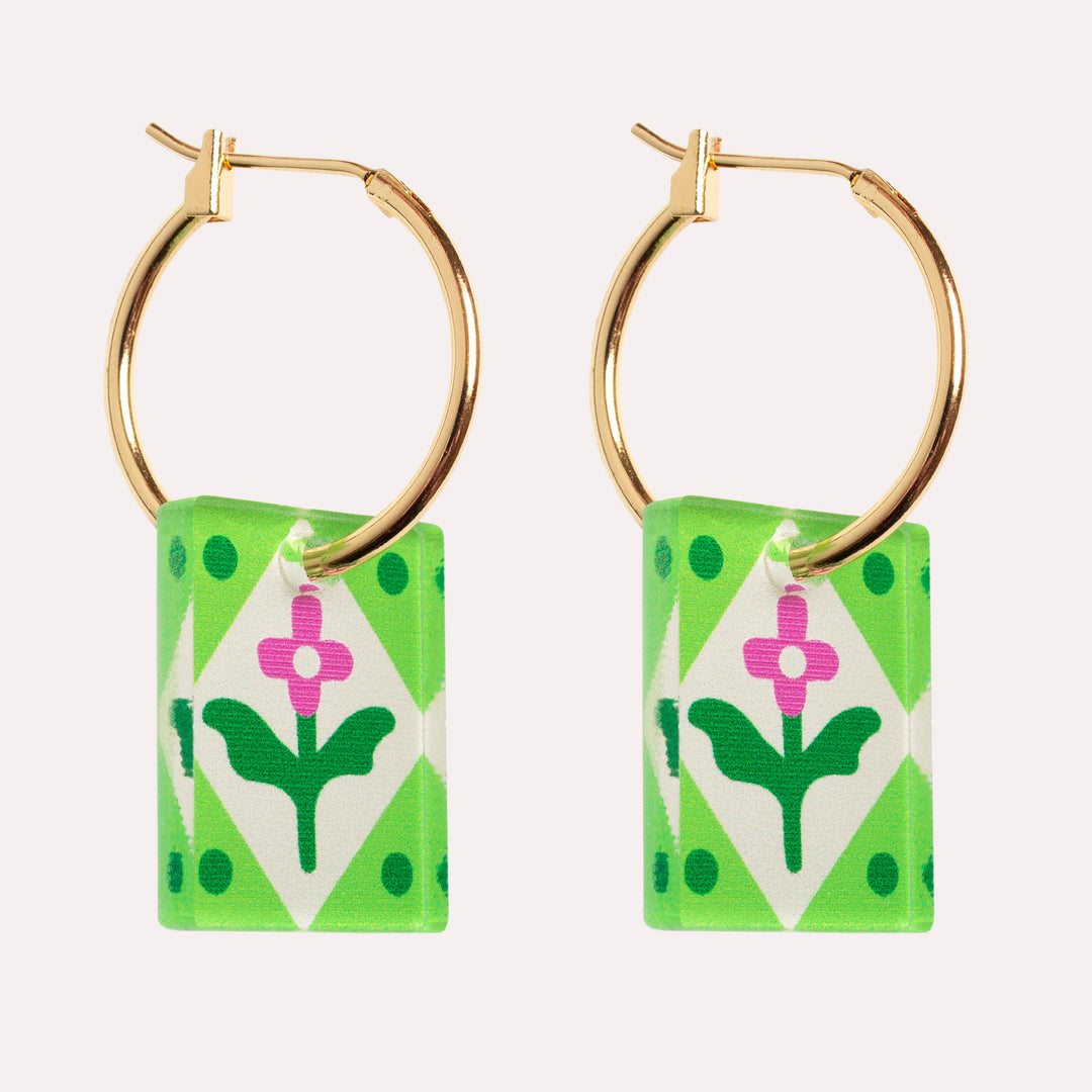 Rectangle Floral Charm Hoop Earrings | Green