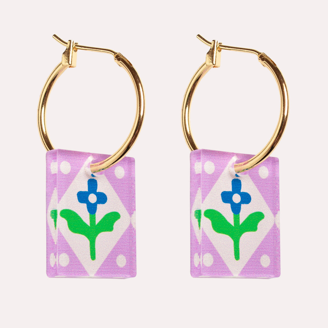 Rectangle Floral Charm Hoop Earrings | Lilac