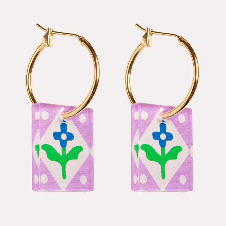 Rectangle Floral Charm Hoop Earrings | Lilac