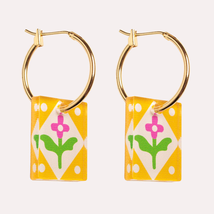 Rectangle Floral Charm Hoop Earrings | Yellow