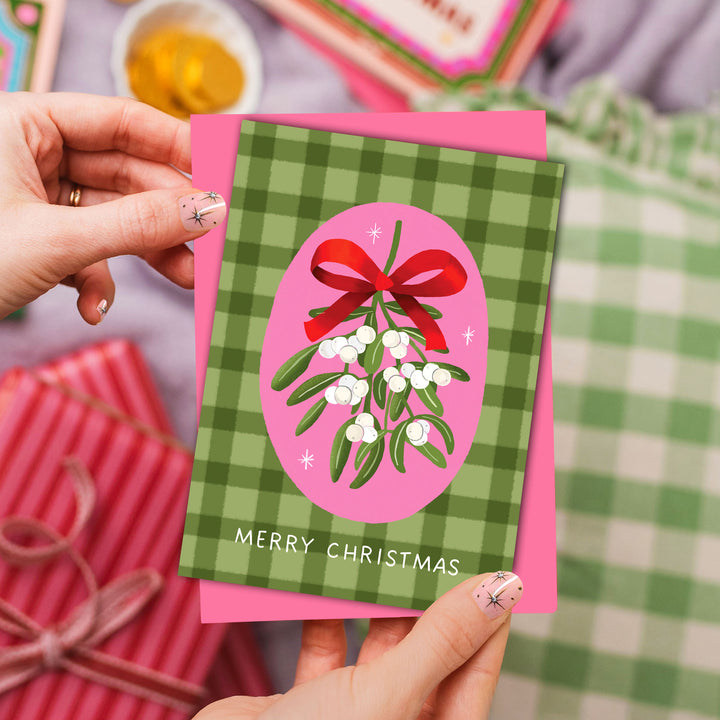 Mistletoe Gingham Christmas Card Green | Wholesale