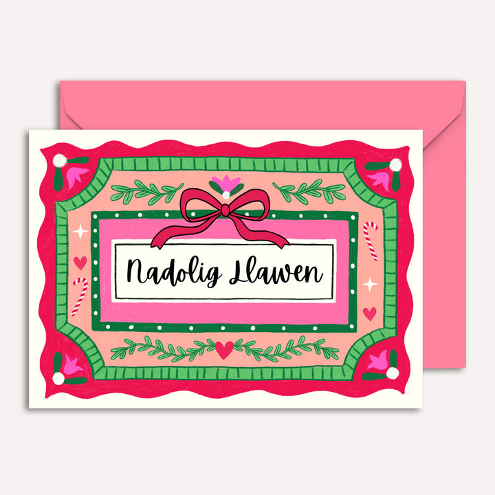 Nadolig Llawen Card with Vintage Illustration Bow | Wholesale