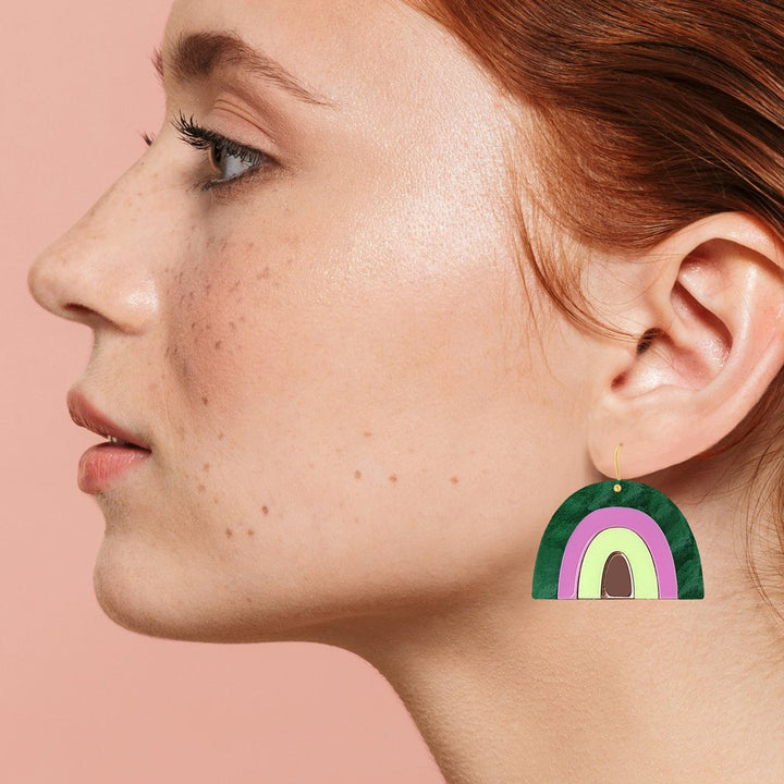 Large Rainbow Earrings in Green Pearl