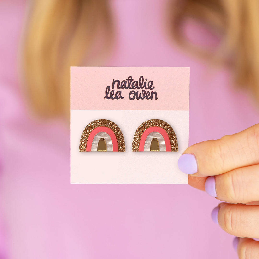 Small Rainbow Stud Earrings in Coral Pink