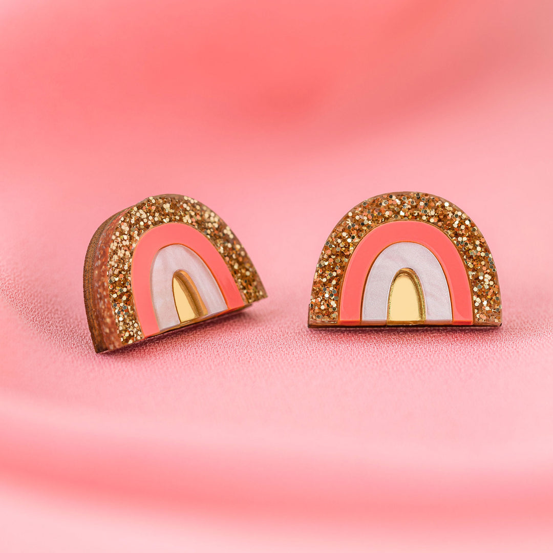Small Rainbow Stud Earrings in Coral Pink