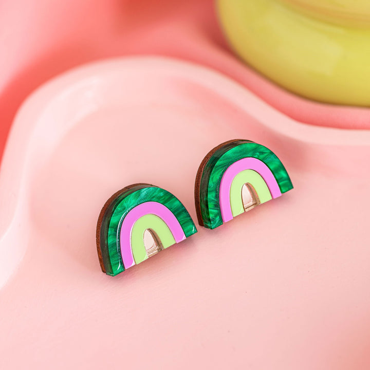 Small Rainbow Stud Earrings in Green Pearl