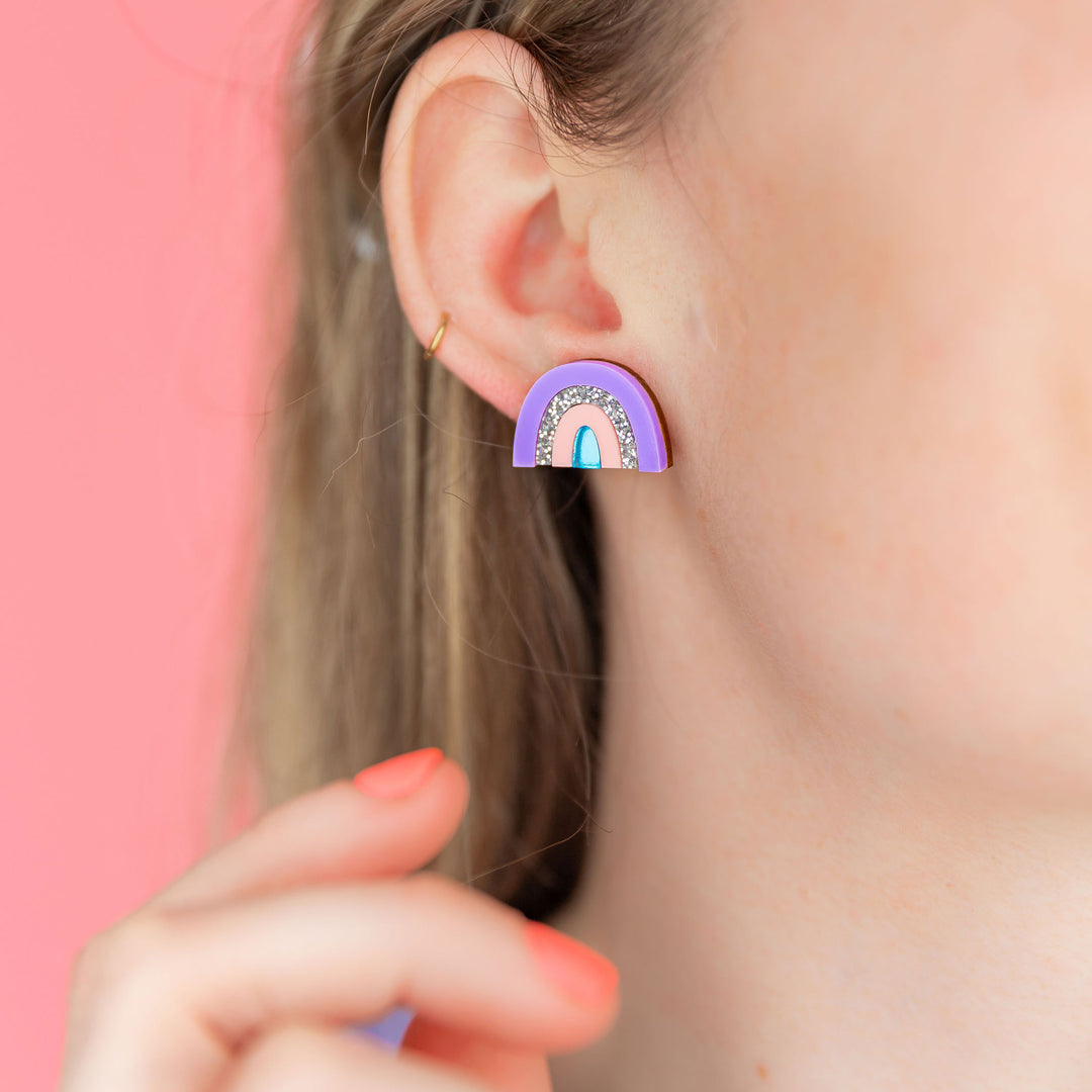 Small Rainbow Stud Earrings in Lilac