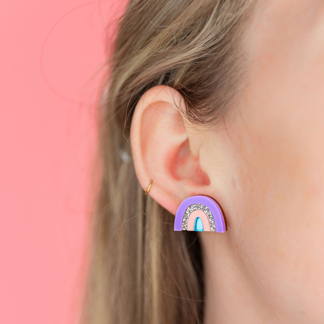 Small Rainbow Stud Earrings in Lilac