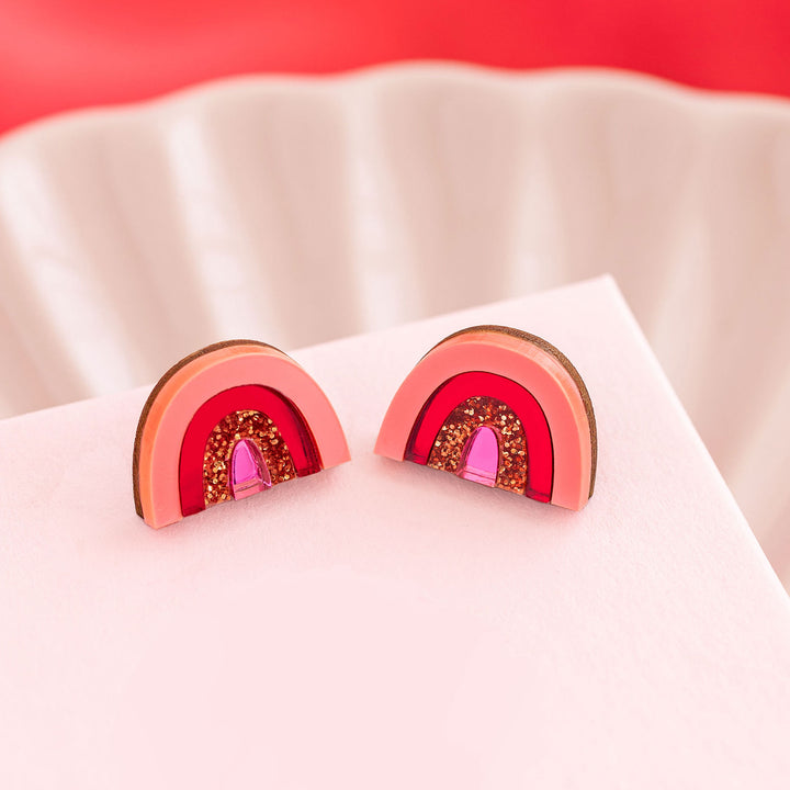 Small Rainbow Stud Earrings in Red and Pink