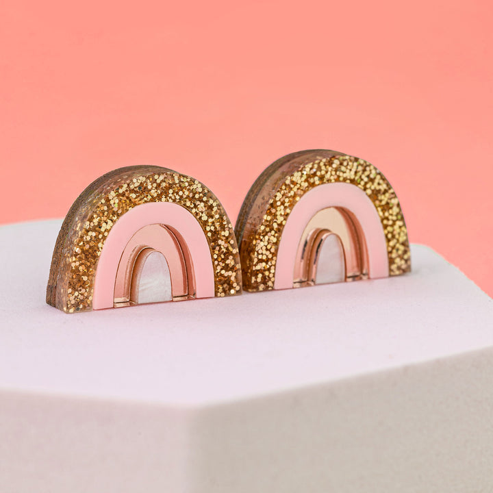 Small Rainbow Stud Earrings in Rose Gold