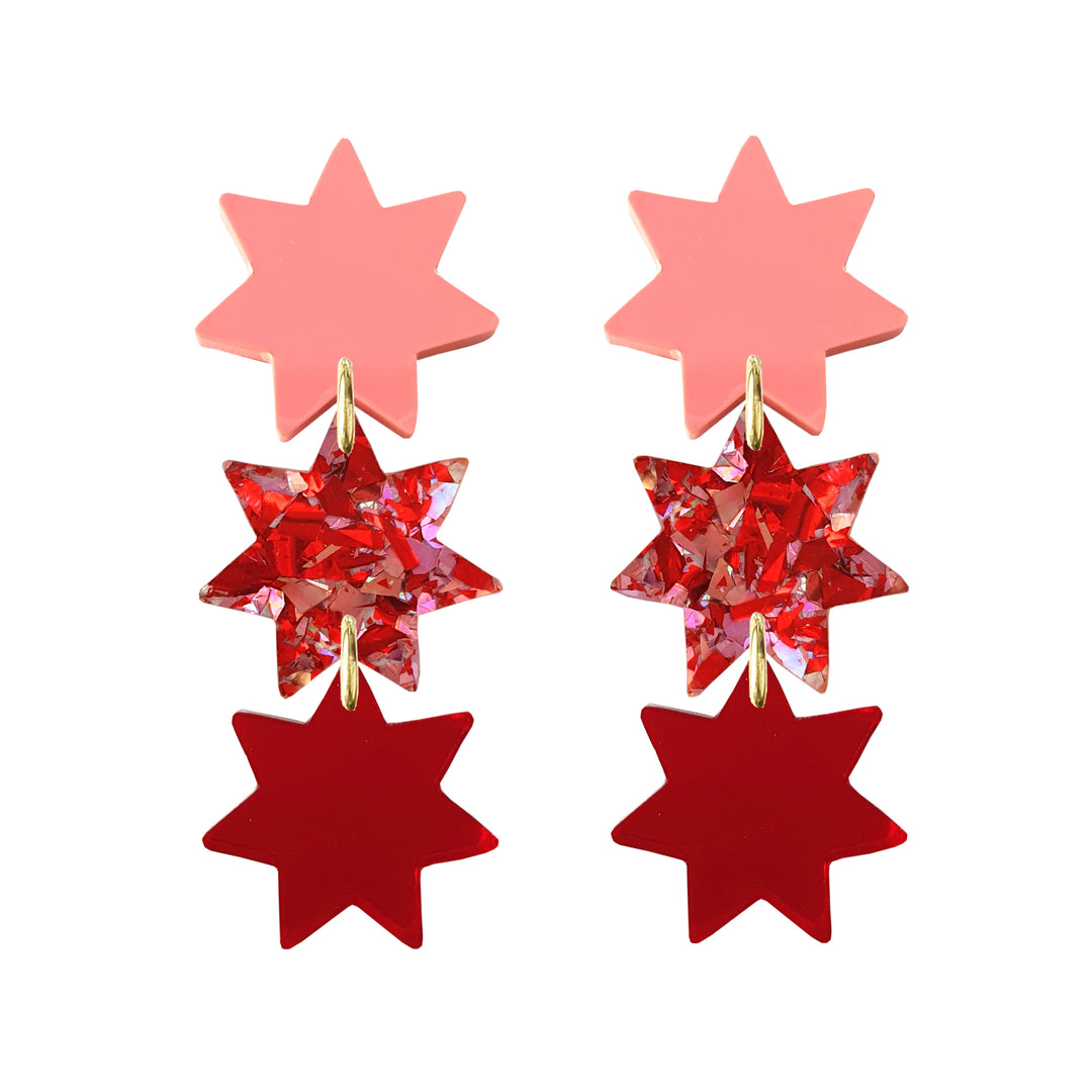 Triple Star Dangle Earrings in Red Sparkle