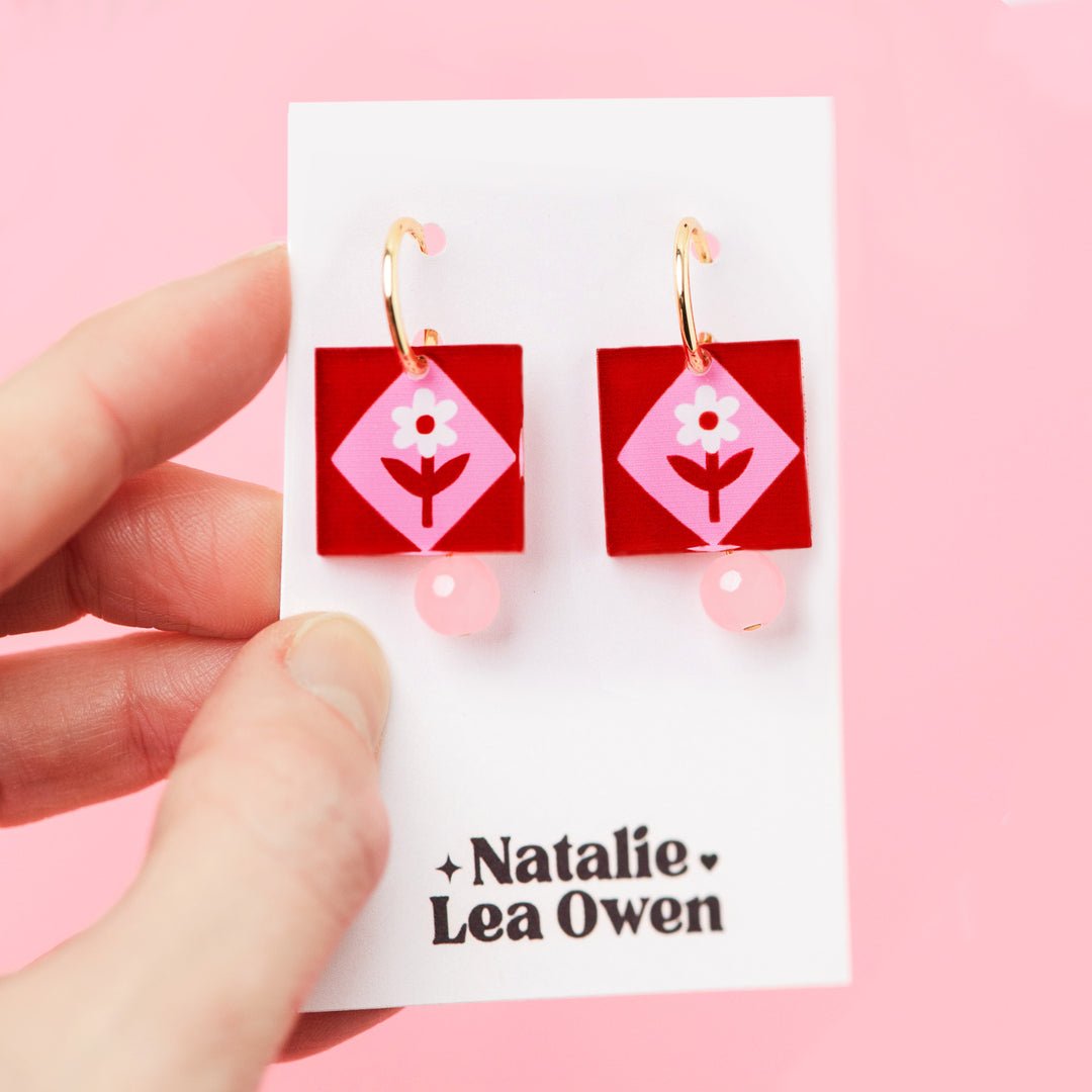 Charm Earrings in Folk Floral Red