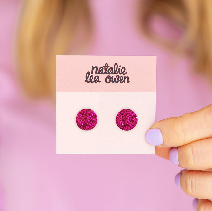 Mini Stud Earrings Hot Pink Glitter
