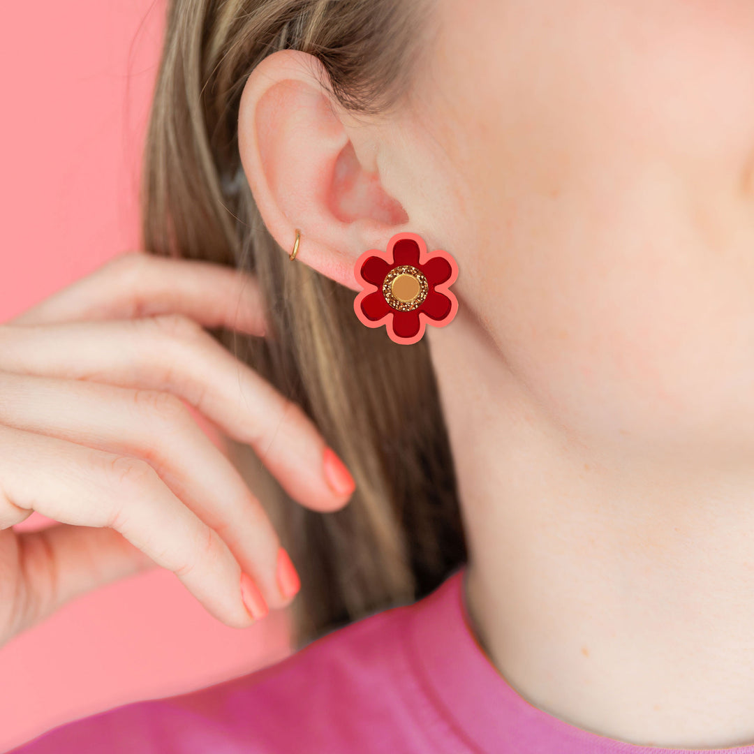 Flower Stud Earrings - Red