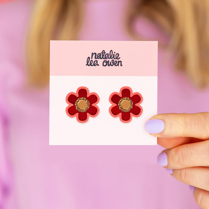 Flower Stud Earrings - Red