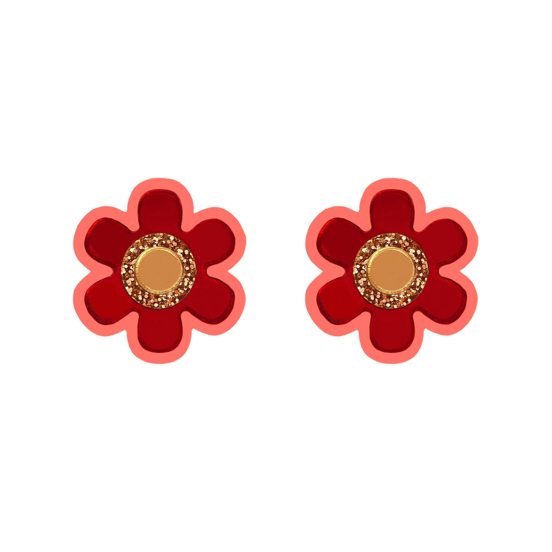 Flower Stud Earrings - Red