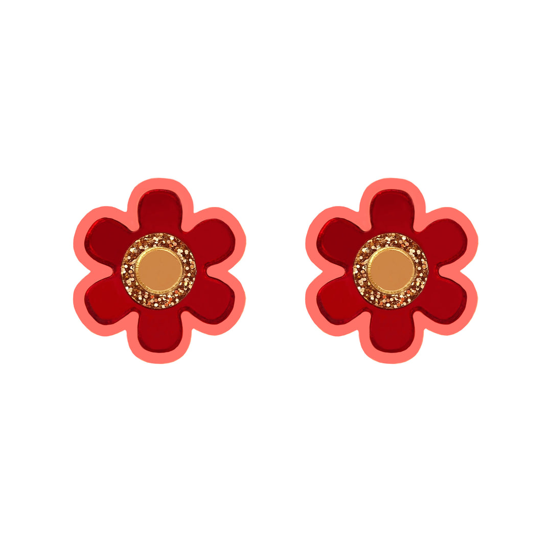 Flower Stud Earrings - Red