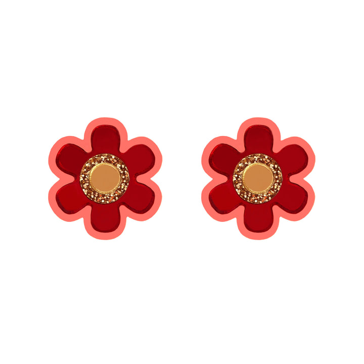 Flower Stud Earrings - Red