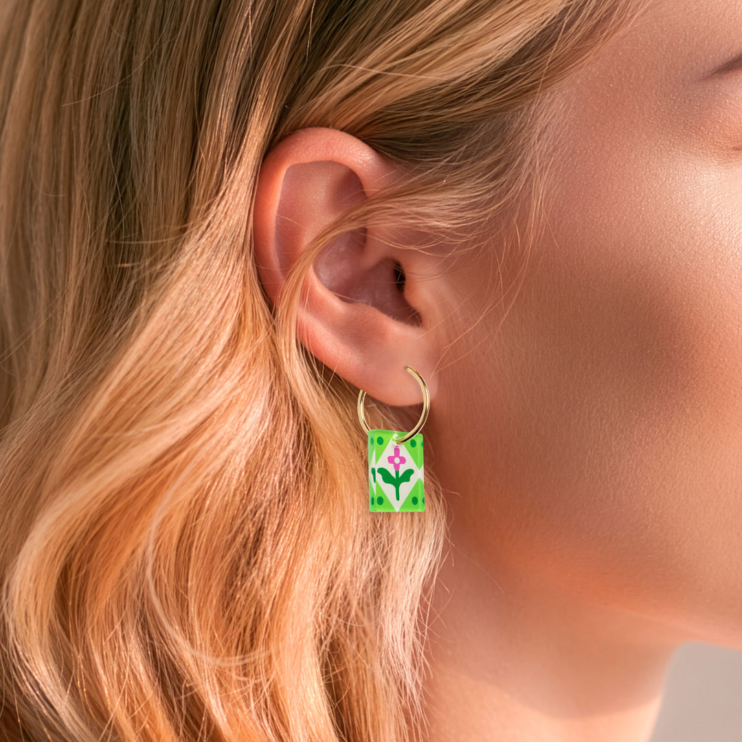 Rectangle Floral Charm Hoop Earrings | Green