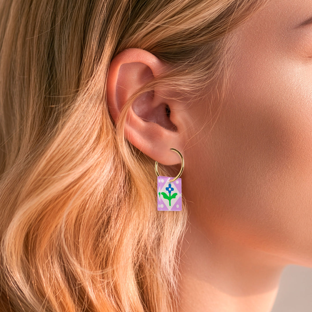 Rectangle Floral Charm Hoop Earrings | Lilac