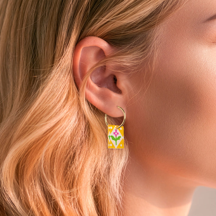 Rectangle Floral Charm Hoop Earrings | Yellow