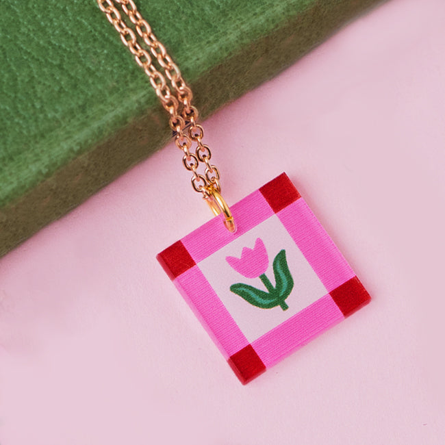 Floral Charm Square Pendant Necklace - Pink