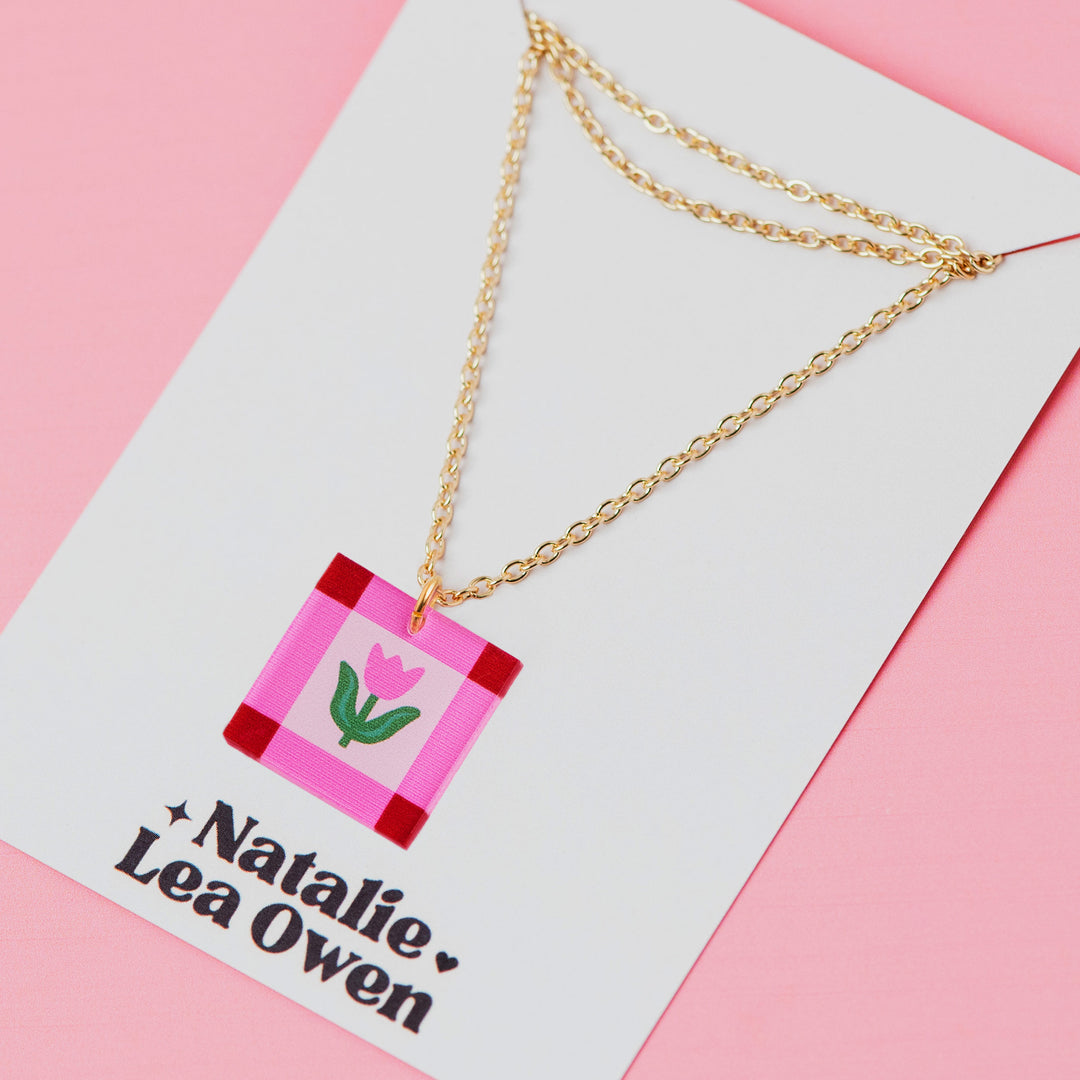 Floral Charm Square Pendant Necklace - Pink