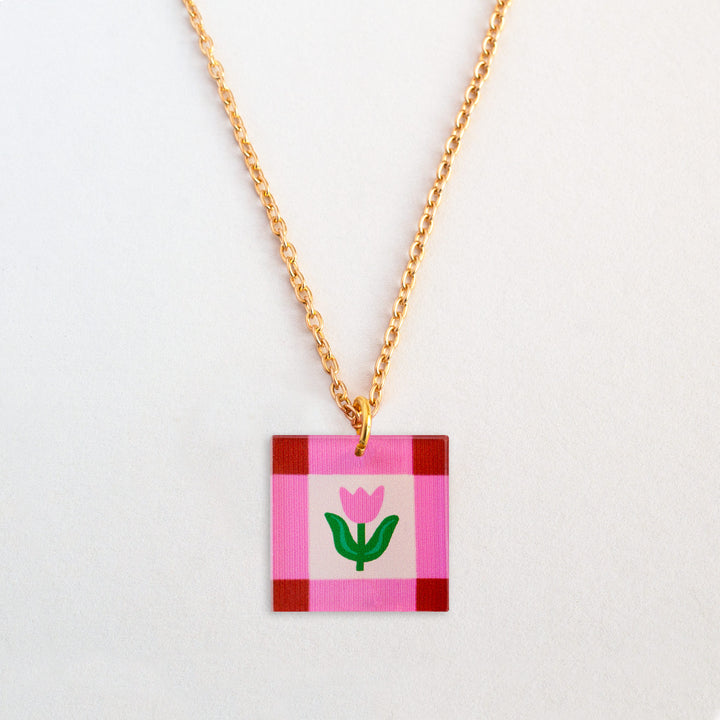 Floral Charm Square Pendant Necklace - Pink